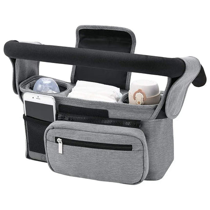 Gray Baby Stroller Organizer Convenient Storage for Parents on the Go with black accents holding a phone, bottle, and other items on a white background