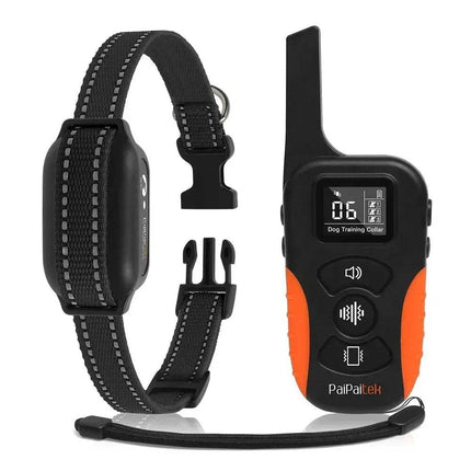 Black Dog Training Collar Humane No-Shock Training with Vibration & Beep with orange and black remote control on a white background