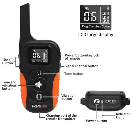 Dog Training Collar Humane No-Shock Training with Vibration & Beep with remote control and labeled components on a white background
