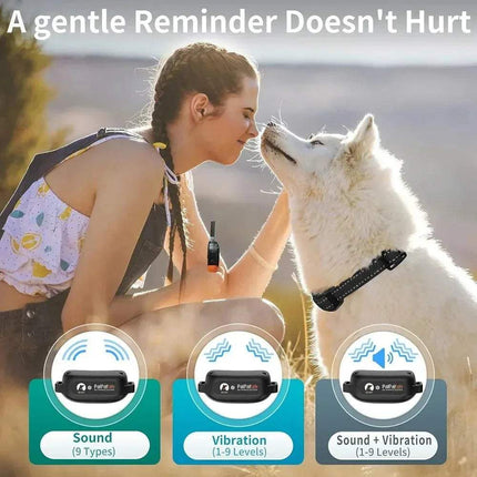 Woman sitting with a dog outdoors using Dog Training Collar Humane No-Shock Training with Vibration & Beep, with product features displayed below.