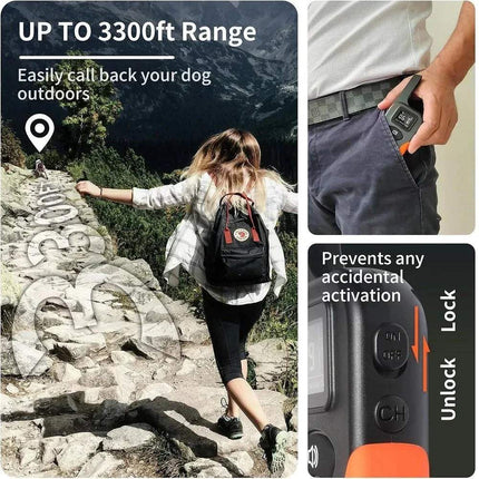 Person hiking with a dog on a mountain trail, featuring a Dog Training Collar Humane No-Shock Training with Vibration & Beep for calling back a dog outdoors.