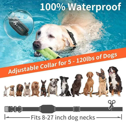 Dog wearing a waterproof Dog Training Collar Humane No-Shock Training with Vibration & Beep with a dog toy, surrounded by images of dogs and text about the product's features.