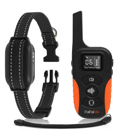 Black Strap Dog Training Collar Humane No-Shock Training with Vibration & Beep with remote control on a white background