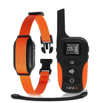 Orange strap Dog Training Collar Humane No-Shock Training with Vibration & Beep with remote control on a white background
