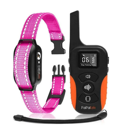 Pink Strap Dog Training Collar Humane No-Shock Training with Vibration & Beep with black and orange remote control on a white background