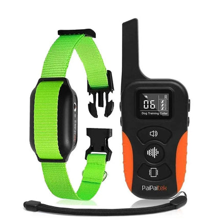 Green strap Dog Training Collar Humane No-Shock Training with Vibration & Beep and black and orange remote trainer on a white background