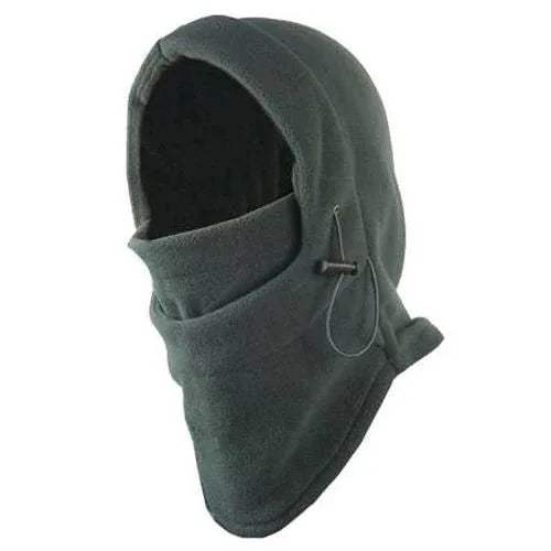 Green Fleece Hat Mask 3-in-1 Winter Hat, Scarf & Face Protection with a button on a white background