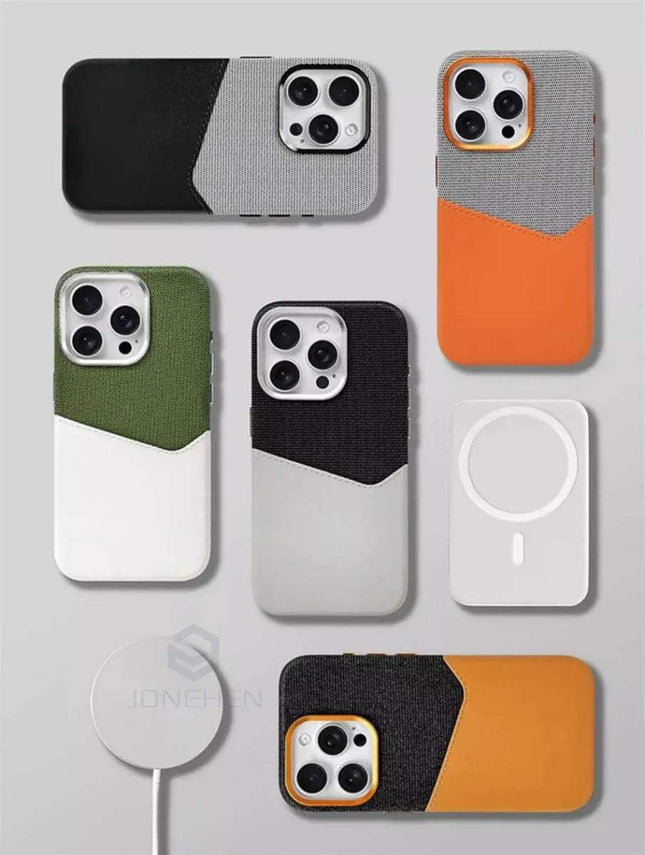Magnetic Leather Card Holder Case iPhone MagSafe collection showcasing various colors and designs.