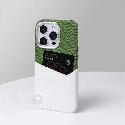 Magnetic Leather Card Holder Case holding a credit card, showcasing a stylish design for iPhone MagSafe compatibility.