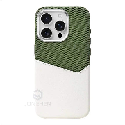 Magnetic Leather Card Holder Case for iPhone MagSafe in green and white color scheme.