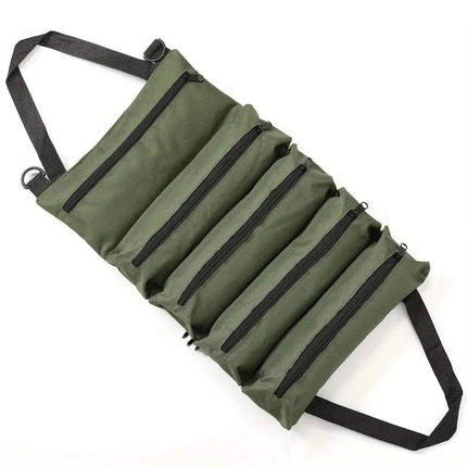 Green Heavy-Duty Roll-Up Tool Bag Waterproof & Multi-Compartment Storage with black zippers on a white background