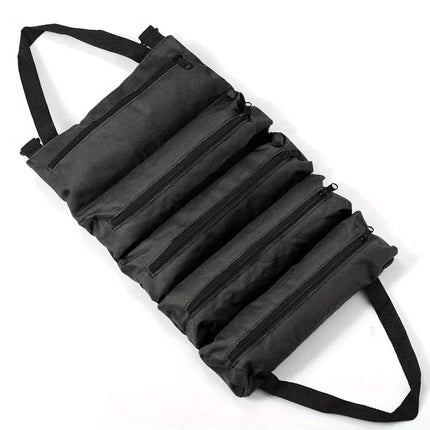 Black Heavy-Duty Roll-Up Tool Bag Waterproof & Multi-Compartment Storage with multiple compartments on a white background