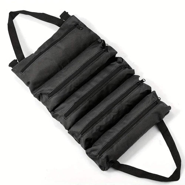 Black Heavy-Duty Roll-Up Tool Bag Waterproof & Multi-Compartment Storage with multiple compartments on a white background