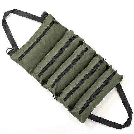 Green Heavy-Duty Roll-Up Tool Bag Waterproof & Multi-Compartment Storage with black zippers and straps on a white background