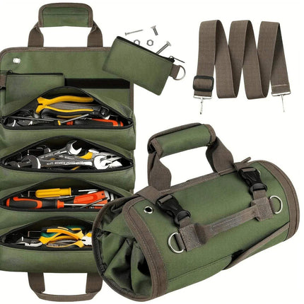 Green Heavy-Duty Roll-Up Tool Bag Waterproof & Multi-Compartment Storage with tools and straps on a white background