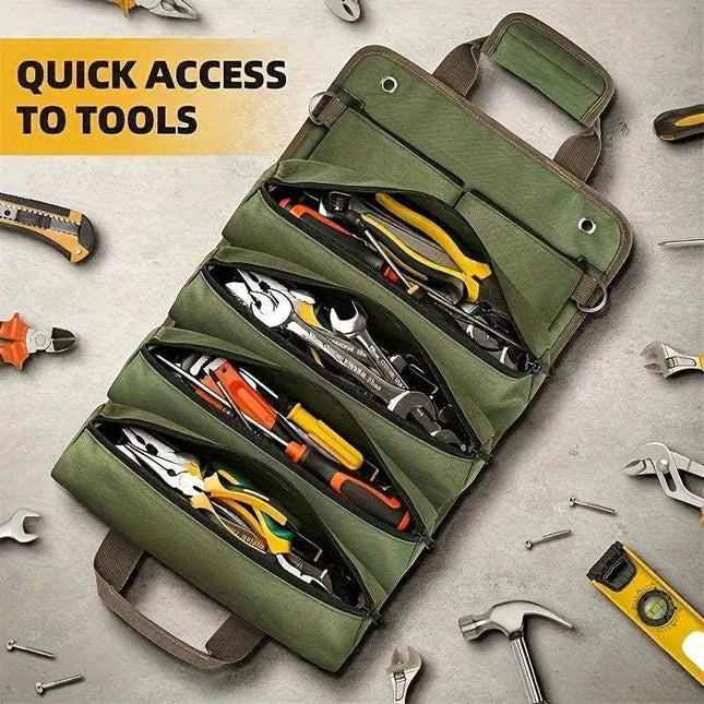 Green Heavy-Duty Roll-Up Tool Bag Waterproof & Multi-Compartment Storage with various tools on a gray surface, with text 'Quick Access to Tools'.