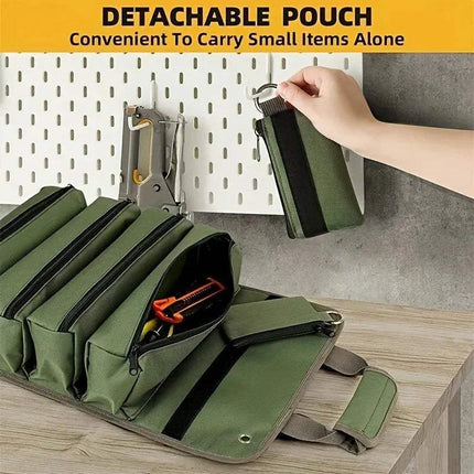 Green detachable pouch Heavy-Duty Roll-Up Tool Bag Waterproof & Multi-Compartment Storage with tools on a wooden surface, with text indicating its convenience for carrying small items.