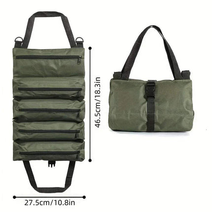 Green Heavy-Duty Roll-Up Tool Bag Waterproof & Multi-Compartment Storage with black straps and zippers, shown open and closed with measurements on a white background.