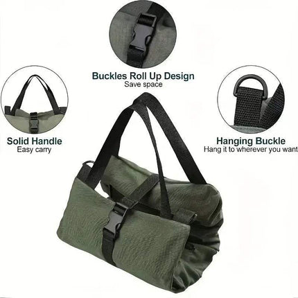 Green Heavy-Duty Roll-Up Tool Bag Waterproof & Multi-Compartment Storage with black buckles and handles on a white background