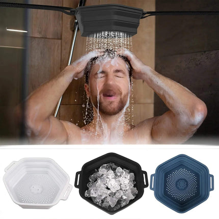 Person showering with a Ice Cold Shower Attachment Refreshing Cold Plunge Therapy at Home and three different colors Ice Cold Shower Attachment below.