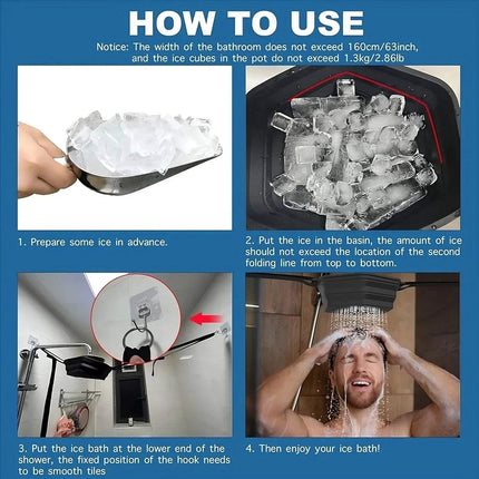 Instructions on how to use Ice Cold Shower Attachment, with images and text on a blue background.