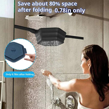 Person using a compact Ice Cold Shower Attachment with text indicating space-saving feature
