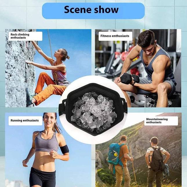 Collage of people in various activities with a focus on ice cubes in Ice Cold Shower Attachment Refreshing Cold Plunge Therapy at Home in the center.