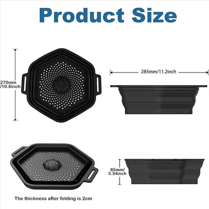 Black collapsible Ice Cold Shower Attachment with measurements on a white background