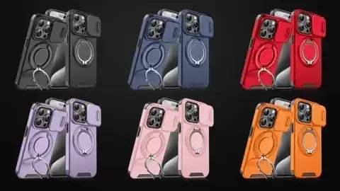 Set of six Armor Magnetic Bracket iPhone Case with ring holders in various colors on a black background