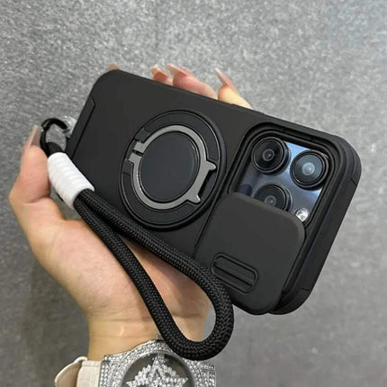 Armor Magnetic Bracket iPhone Case with camera lens protector and lanyard held by a hand on a gray background