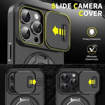 Armor Magnetic Bracket iPhone Case with slide camera cover feature on a black background