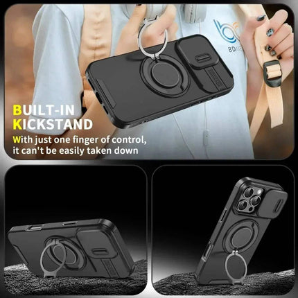 Armor Magnetic Bracket iPhone Case with built-in kickstand and keychain attachment, held by a person.
