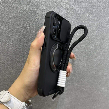 Hand holding a black Armor Magnetic Bracket iPhone Case with a lanyard against a gray background