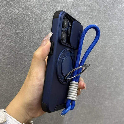 Navy blue Armor Magnetic Bracket iPhone Case with a blue lanyard held by a hand against a gray background