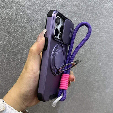 Purple Armor Magnetic Bracket iPhone Case with a pink lanyard held by a hand against a gray background