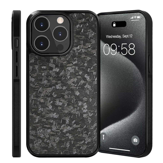 Black Forged Carbon Fiber TPU Phone Case with textured back and reflective surface on a white background