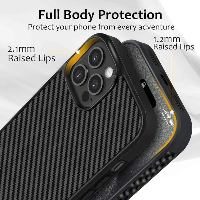Forged Carbon Fiber TPU Phone Case with text highlighting features on a white background