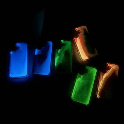 Glowing  Luminous Quicksand Phone Case in blue, green, and gold on a black background - Astoria Lifestyle