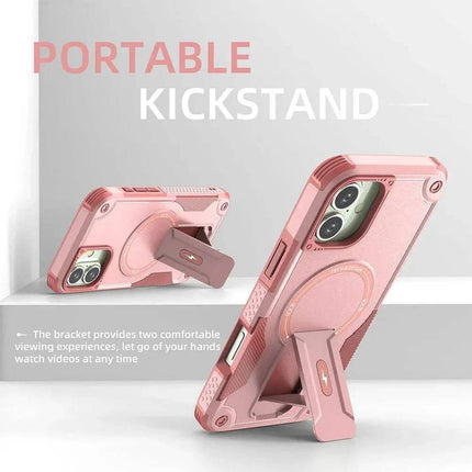 Pink Shockproof Magnetic Phone Case with a portable kickstand feature on a light gray background