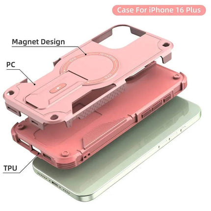 Pink Shockproof Magnetic Phone Case with labeled layers on a white background