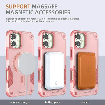 Pink Shockproof Magnetic Phone Case with magnetic accessories including a wireless charger, battery pack, and wallet on a light gray background.