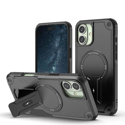 Black Shockproof Magnetic Phone Case with multiple angles on a white background