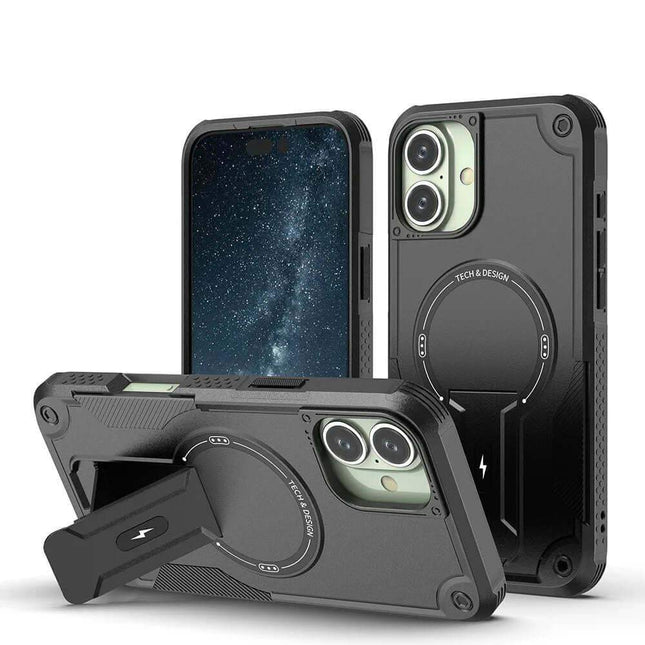 Black Shockproof Magnetic Phone Case with multiple angles on a white background