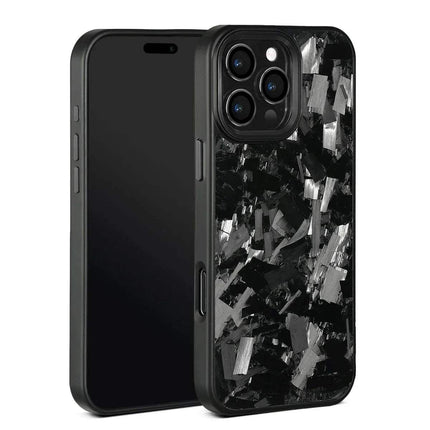 Black crystals Magnetic Forged Carbon Fiber Case Premium iPhone Protection with black and silver abstract design on a white background