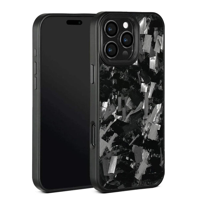 Black crystals Magnetic Forged Carbon Fiber Case Premium iPhone Protection with black and silver abstract design on a white background