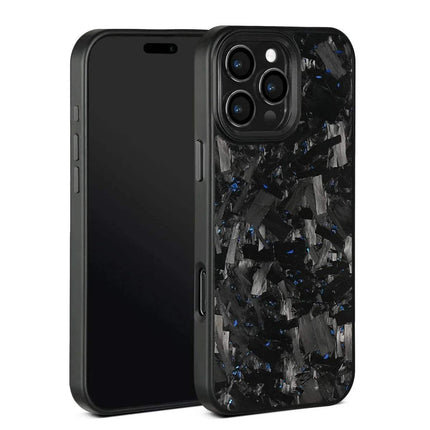 Blue crystals Magnetic Forged Carbon Fiber Case with black and gray abstract design on a white background