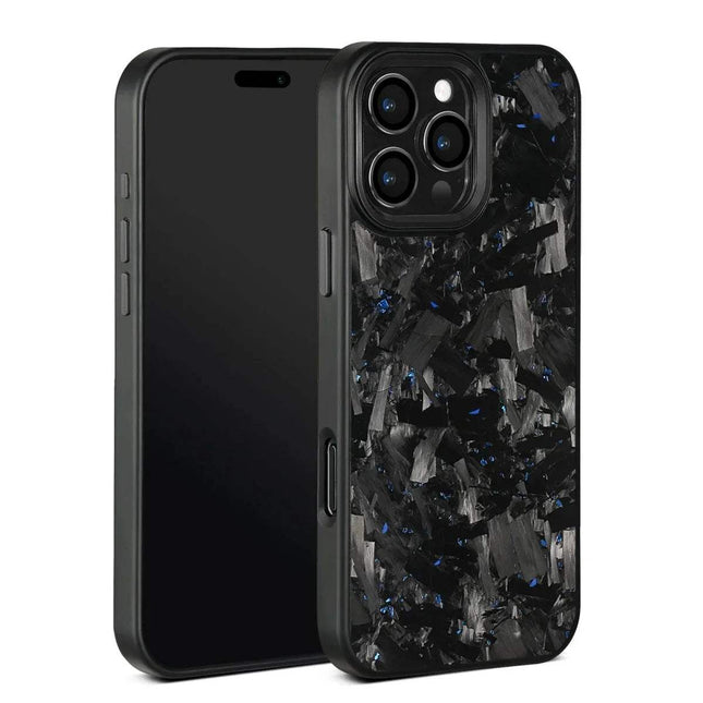 Blue crystals Magnetic Forged Carbon Fiber Case with black and gray abstract design on a white background