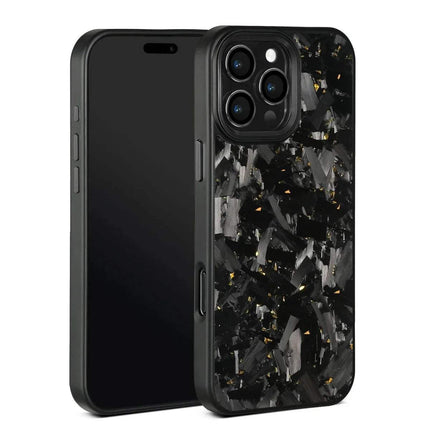 Gold crystals Magnetic Forged Carbon Fiber Case with black and gray abstract design on a white background