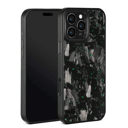 green crystals Magnetic Forged Carbon Fiber Case with black and green abstract design on a white background