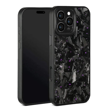 purple crystals Magnetic Forged Carbon Fiber Case with black and purple shattered glass design on a white background